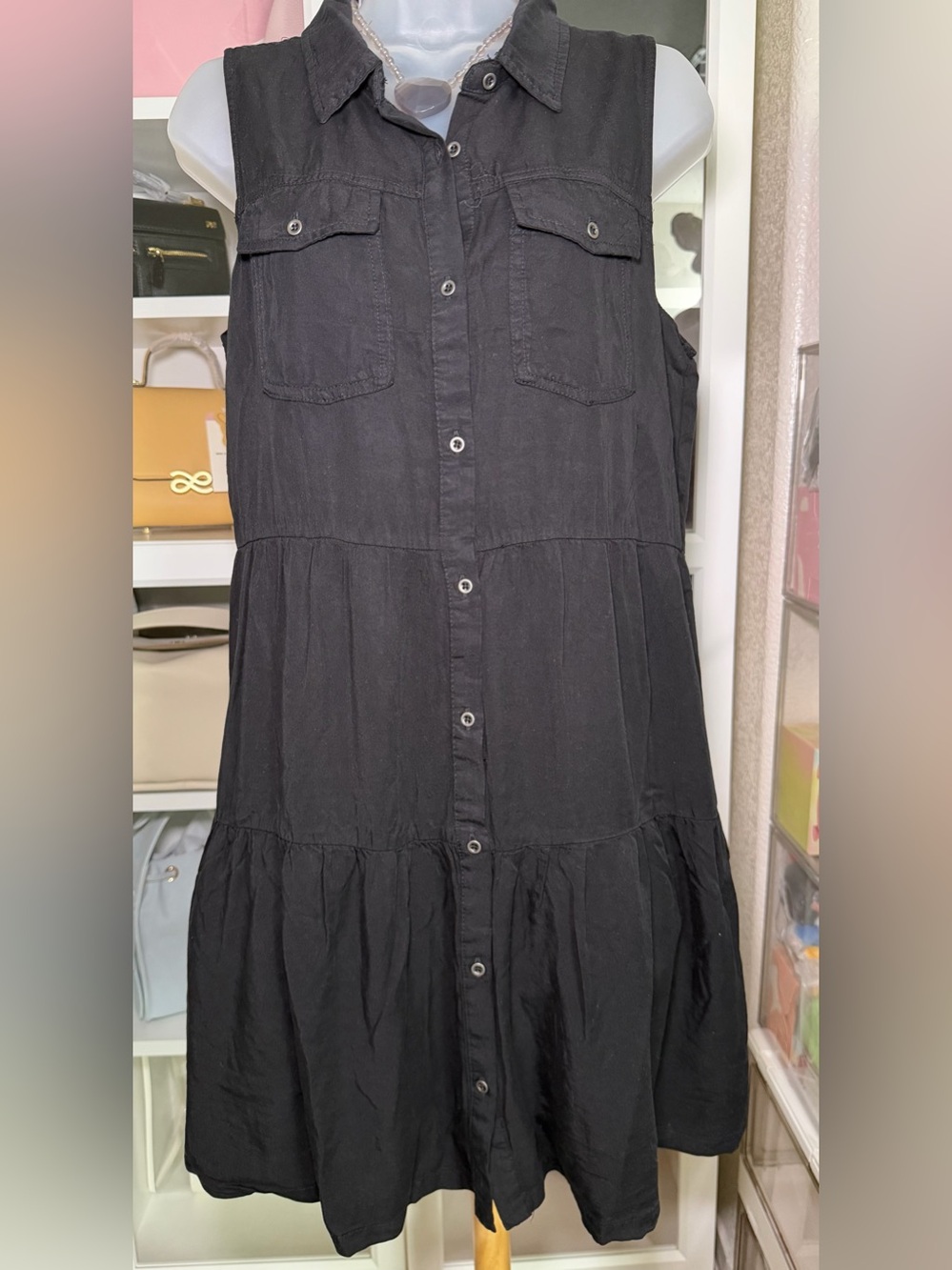 Sleeveless Button-Front Tiered Dress in Black
